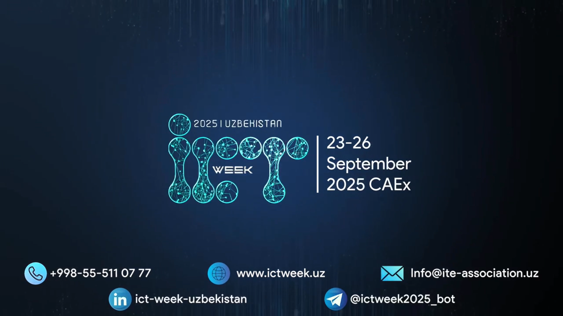 🚀 Yilning eng yirik IT tadbiriga qo‘shiling – ICT Week Uzbekistan 2025, 23–26-sentabr kunlari bo‘lib o‘tadi! Ko‘rgazma maydonlarining aksariyati allaqachon band qilingan – imkoniyatni qo‘ldan boy bermang!